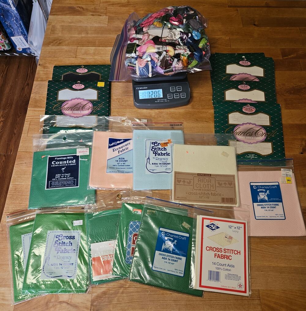 Cross Stitch LOT Floss Thread Aida Fabric Material Crossstitch Mixed Box